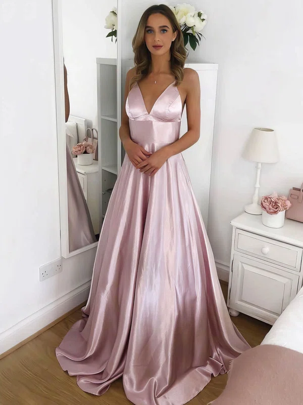 A-line V-neck Silk-like Satin Sweep Train Prom Dresses #Favs020107145