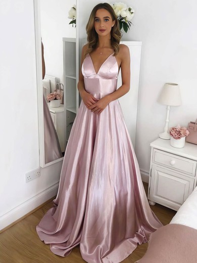 A-line V-neck Silk-like Satin Sweep Train Prom Dresses #Favs020107145