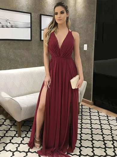 A-line V-neck Chiffon Sweep Train Split Front Prom Dresses #Favs020107149