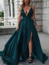 A-line V-neck Silk-like Satin Sweep Train Split Front Prom Dresses #Favs020107162