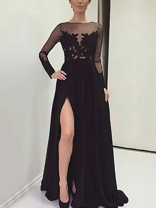 A-line Scoop Neck Chiffon Tulle Sweep Train Appliques Lace Prom Dresses #Favs020103633 A-line Scoop Neck Chiffon Tulle Sweep Train Appliques Lace Prom Dresses #Favs020103633