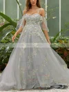 A-line Off-the-shoulder Tulle Sweep Train Sashes / Ribbons Prom Dresses #Favs020107169