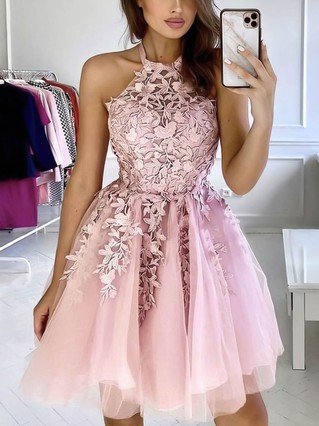 A-line Halter Tulle Short/Mini Appliques Lace Short Prom Dresses #Favs020107179 A-line Halter Tulle Short/Mini Appliques Lace Short Prom Dresses #Favs020107179