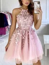 A-line Halter Tulle Short/Mini Appliques Lace Short Prom Dresses #Favs020107179