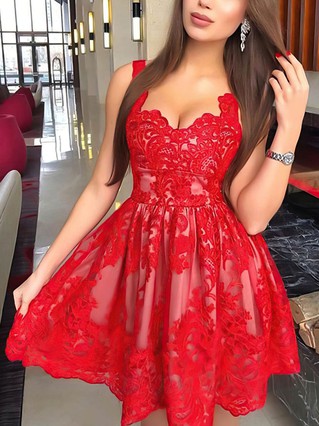 A-line Scalloped Neck Tulle Short/Mini Appliques Lace Short Prom Dresses #Favs020107181 A-line Scalloped Neck Tulle Short/Mini Appliques Lace Short Prom Dresses #Favs020107181