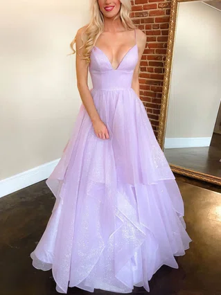 A-line V-neck Glitter Floor-length Cascading Ruffles Prom Dresses #Favs020107182 A-line V-neck Glitter Floor-length Cascading Ruffles Prom Dresses #Favs020107182