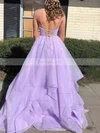 A-line V-neck Glitter Floor-length Cascading Ruffles Prom Dresses #Favs020107182