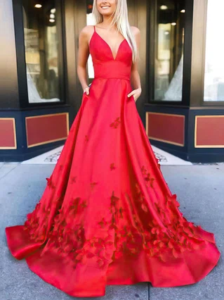 Ball Gown V-neck Satin Court Train Beading Prom Dresses #Favs020107183 Ball Gown V-neck Satin Court Train Beading Prom Dresses #Favs020107183