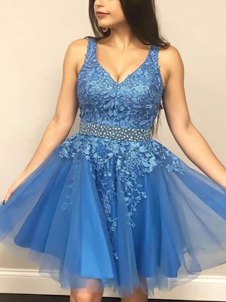 A-line V-neck Tulle Short/Mini Beading Short Prom Dresses #Favs020107190 A-line V-neck Tulle Short/Mini Beading Short Prom Dresses #Favs020107190