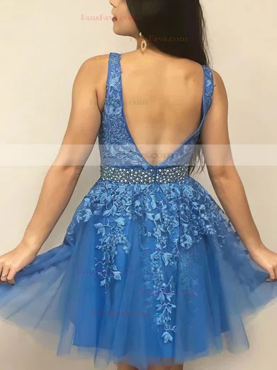 A-line V-neck Tulle Short/Mini Beading Short Prom Dresses #Favs020107190