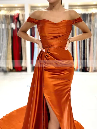 Trumpet/Mermaid Off-the-shoulder Silk-like Satin Sweep Train Ruffles Prom Dresses #Favs020107194