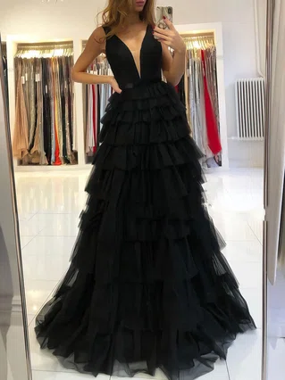 A-line V-neck Tulle Sweep Train Tiered Prom Dresses #Favs020107195 A-line V-neck Tulle Sweep Train Tiered Prom Dresses #Favs020107195
