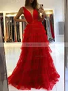 A-line V-neck Tulle Sweep Train Tiered Prom Dresses #Favs020107195