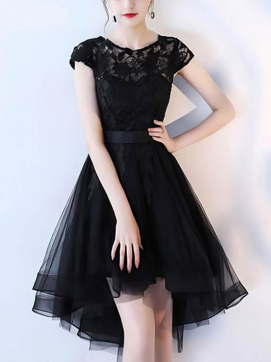 A-line Scoop Neck Tulle Asymmetrical Appliques Lace Prom Dresses #Favs020107197