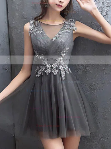 A-line Scoop Neck Tulle Short/Mini Beading Short Prom Dresses #Favs020107200