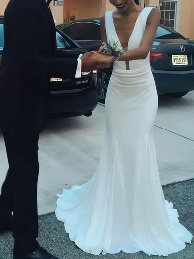 Trumpet/Mermaid V-neck Jersey Sweep Train Ruffles Prom Dresses #Favs020103656