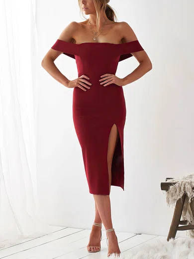 Sheath/Column Off-the-shoulder Stretch Crepe Tea-length Split Front Short Prom Dresses #Favs020107225
