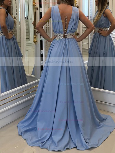 A-line V-neck Silk-like Satin Sweep Train Beading Prom Dresses #Favs020107227