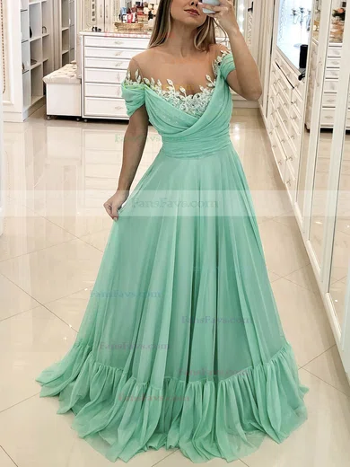A-line Off-the-shoulder Chiffon Sweep Train Beading Prom Dresses #Favs020107228