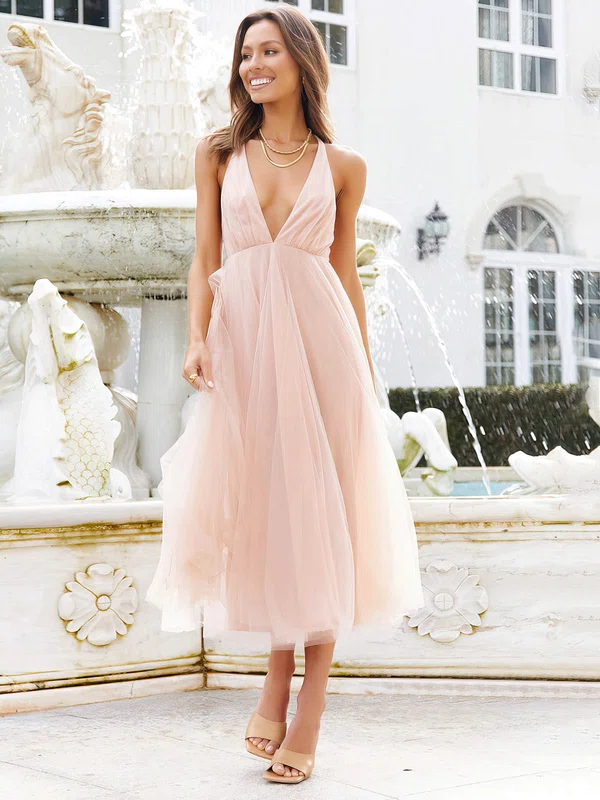 A-line V-neck Tulle Ankle-length Prom Dresses #Favs020107230