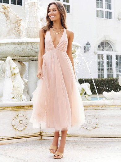 A-line V-neck Tulle Ankle-length Prom Dresses #Favs020107230