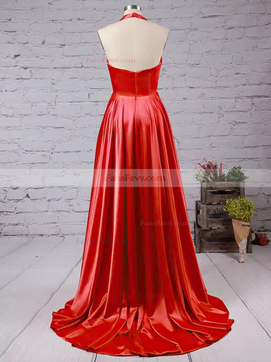 A-line V-neck Silk-like Satin Court Train Split Front Prom Dresses #Favs020102467