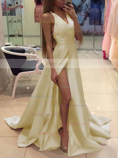 A-line V-neck Silk-like Satin Court Train Split Front Prom Dresses #Favs020102467