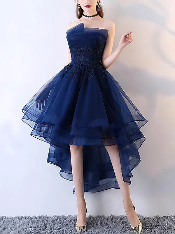 A-line Strapless Organza Asymmetrical Appliques Lace Prom Dresses #Favs020107235