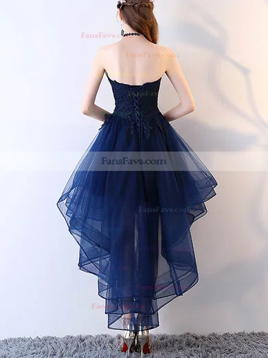 A-line Strapless Organza Asymmetrical Appliques Lace Prom Dresses #Favs020107235