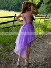 A-line V-neck Tulle Asymmetrical Appliques Lace Prom Dresses #Favs020107236