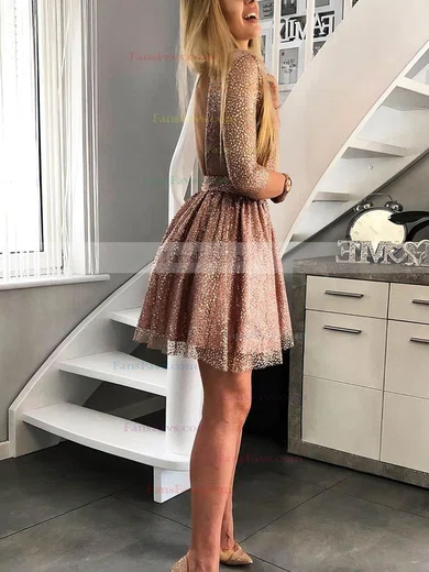 A-line Scoop Neck Glitter Short/Mini Sashes / Ribbons Short Prom Dresses #Favs020107238