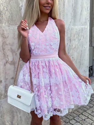 A-line Halter Lace Short/Mini Sashes / Ribbons Short Prom Dresses #Favs020107239 A-line Halter Lace Short/Mini Sashes / Ribbons Short Prom Dresses #Favs020107239