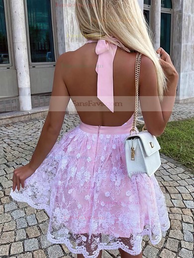 A-line Halter Lace Short/Mini Sashes / Ribbons Short Prom Dresses #Favs020107239