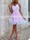A-line Halter Lace Short/Mini Sashes / Ribbons Short Prom Dresses #Favs020107239