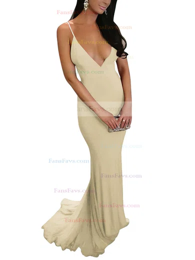 Sheath/Column V-neck Jersey Sweep Train Prom Dresses #Favs020103703