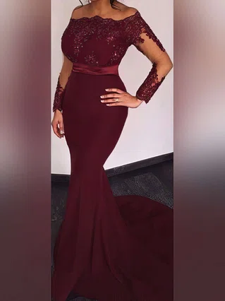 Trumpet/Mermaid Off-the-shoulder Jersey Sweep Train Appliques Lace Prom Dresses #Favs020103747 Trumpet/Mermaid Off-the-shoulder Jersey Sweep Train Appliques Lace Prom Dresses #Favs020103747