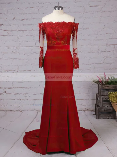 Trumpet/Mermaid Off-the-shoulder Jersey Sweep Train Appliques Lace Prom Dresses #Favs020103747