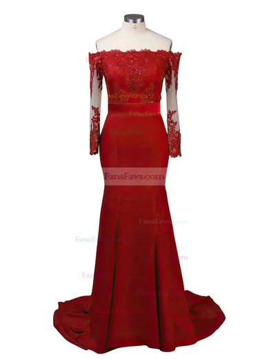 Trumpet/Mermaid Off-the-shoulder Jersey Sweep Train Appliques Lace Prom Dresses #Favs020103747