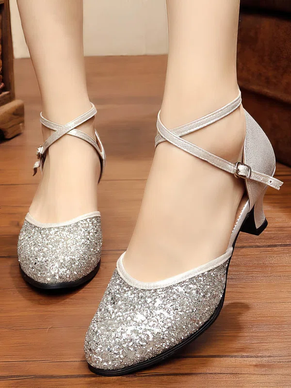 Women's Closed Toe Sparkling Glitter Buckle Kitten Heel Dance Shoes #Favs03031065