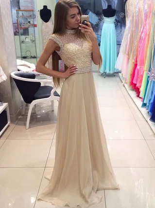 A-line High Neck Chiffon Sweep Train Crystal Detailing Prom Dresses #Favs020103774