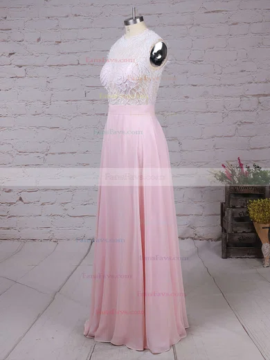 A-line Scoop Neck Lace Chiffon Floor-length Beading Prom Dresses #Favs020103784