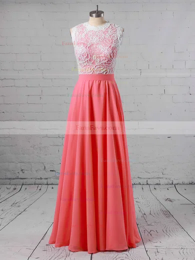 A-line Scoop Neck Lace Chiffon Floor-length Beading Prom Dresses #Favs020103784