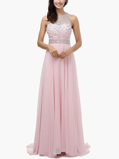 A-line Scoop Neck Chiffon Sweep Train Beading Prom Dresses #Favs020104148
