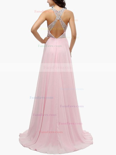 A-line Scoop Neck Chiffon Sweep Train Beading Prom Dresses #Favs020104148