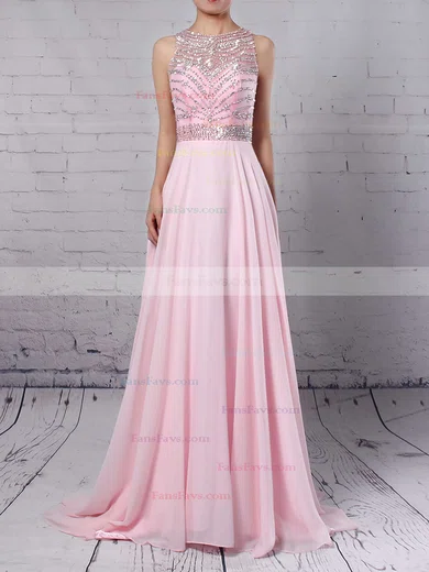 A-line Scoop Neck Chiffon Sweep Train Beading Prom Dresses #Favs020104148