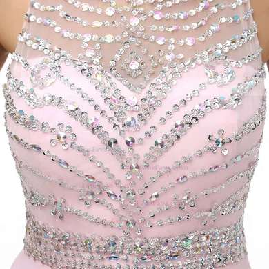 A-line Scoop Neck Chiffon Sweep Train Beading Prom Dresses #Favs020104148