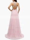 A-line Scoop Neck Chiffon Sweep Train Beading Prom Dresses #Favs020104148