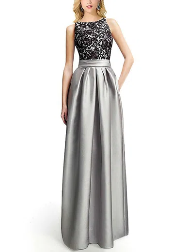A-line Scoop Neck Satin Floor-length Appliques Lace Prom Dresses #Favs020104152