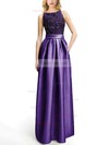A-line Scoop Neck Satin Floor-length Appliques Lace Prom Dresses #Favs020104152