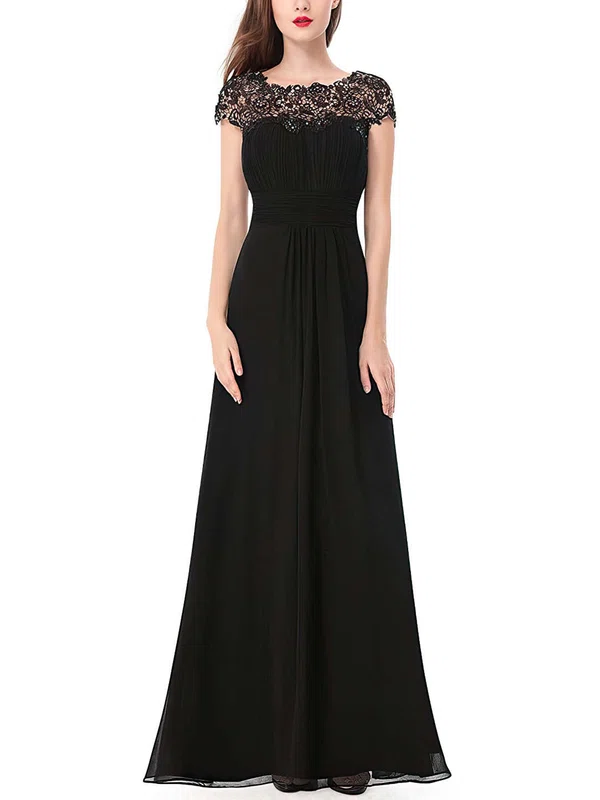A-line Scoop Neck Chiffon Ankle-length Lace Prom Dresses #Favs020104154
